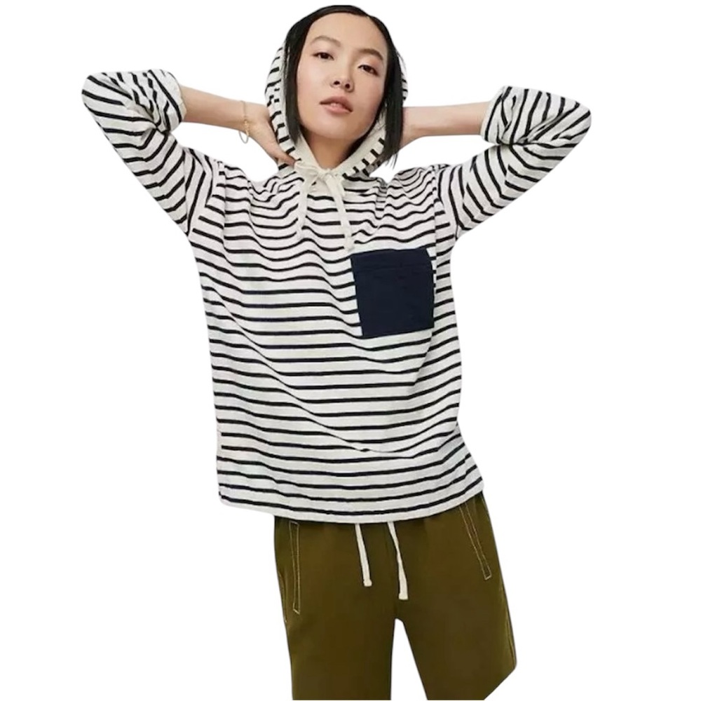 J. Crew Patch Pocket Hoodie Striped Mariner Cloth in Natural‎ Navy Maly Stripe